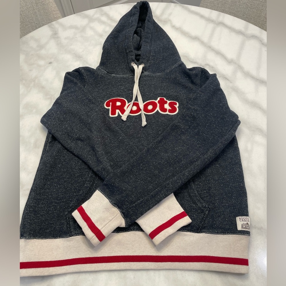 Roots Cabin Heritage Hoodie Charcoal Grey Red Stripe | Size Small